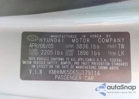 2005 Hyundai Tiburon Gs z USA, uszkodzony, nr VIN KMHHM65D65U179114